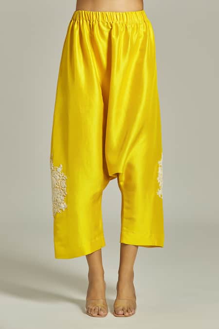 Anamika Khanna_Yellow Silk Pearls, Embroidery High Neck Shirt Pant Set_at_Aza_Fashions