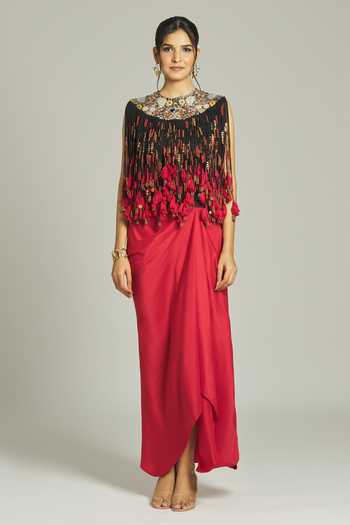 Buy_Anamika Khanna_Black Silk Beads, Sequins, Tassels Round Neck Embroidered Top Skirt Set _Online_at_Aza_Fashions