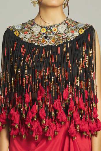 Shop_Anamika Khanna_Black Silk Beads, Sequins, Tassels Round Neck Embroidered Top Skirt Set _Online_at_Aza_Fashions