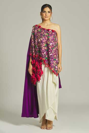 Anamika Khanna_Purple Silk Sequins, Beads One Thread Embroidered Asymmetric Top With Skirt _Online_at_Aza_Fashions