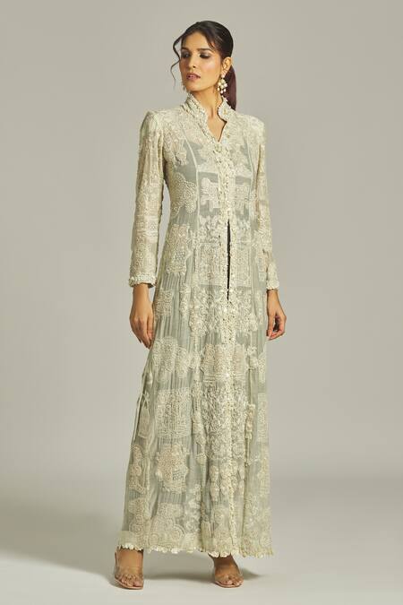 Buy_Anamika Khanna_Green Silk Embroidery, Pearls Mandarin Collar, Embellished Long Coat With Dress_Online_at_Aza_Fashions