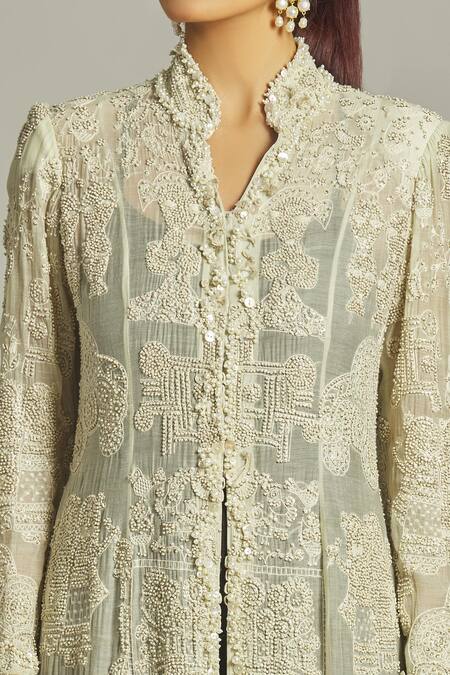 Shop_Anamika Khanna_Green Silk Embroidery, Pearls Mandarin Collar, Embellished Long Coat With Dress_Online_at_Aza_Fashions