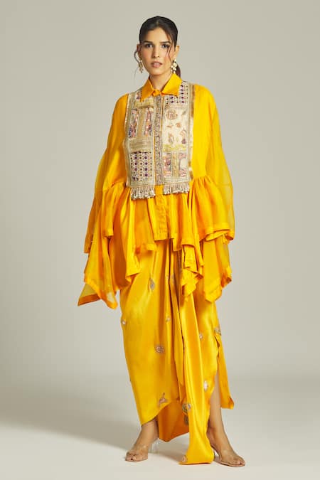 Buy_Anamika Khanna_Yellow Silk Sequins, Beads Shawl Neck Asymmetric Embellished Shirt With Skirt_Online_at_Aza_Fashions