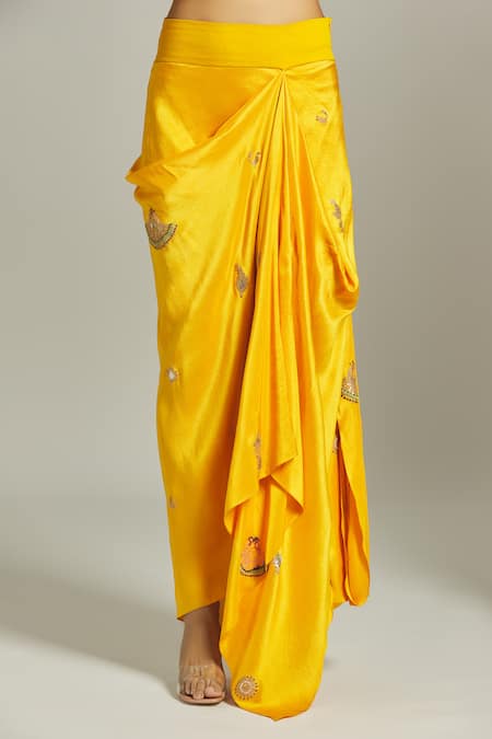 Anamika Khanna_Yellow Silk Sequins, Beads Shawl Neck Asymmetric Embellished Shirt With Skirt_at_Aza_Fashions