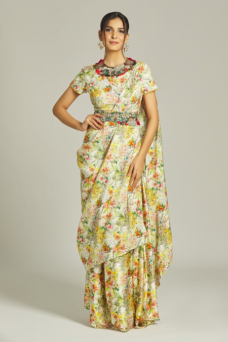 Anamika Khanna Yellow Silk Printed Sequin Round Floral Embellished Blouse Skirt Set 