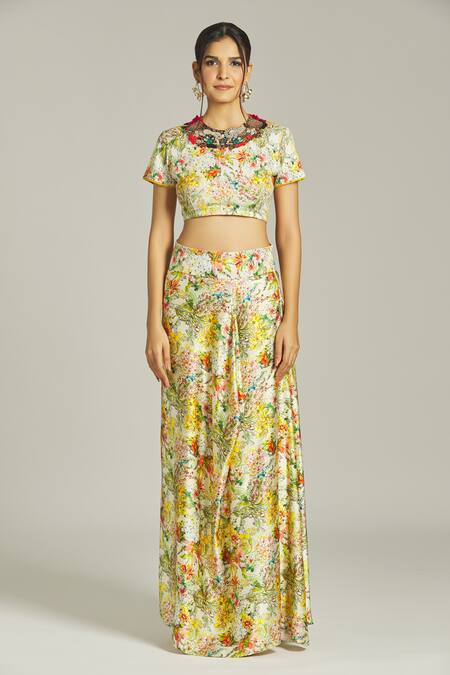 Anamika Khanna Yellow Silk Beads, Sequins, Embroidery Floral Print Embellished Blouse Skirt Set Online at Aza Fashions Anamika Khanna_Yellow Silk Beads, Sequins, Embroidery Floral Print Embellished Blouse Skirt Set_Online_at_Aza_Fashions