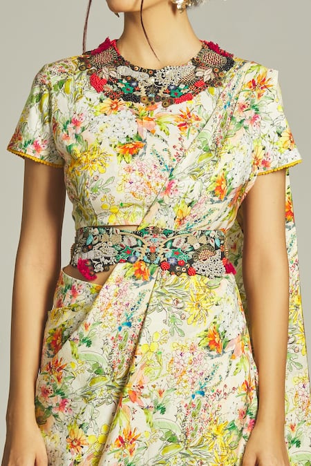 Shop Anamika Khanna Yellow Silk Beads, Sequins, Embroidery Floral Print Embellished Blouse Skirt Set Online at Aza Fashions Shop_Anamika Khanna_Yellow Silk Beads, Sequins, Embroidery Floral Print Embellished Blouse Skirt Set_Online_at_Aza_Fashions