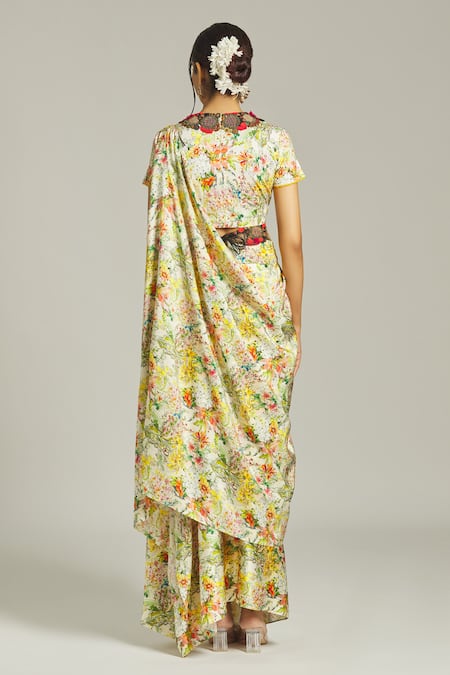 Anamika Khanna Silk Floral Print Embellished Blouse Skirt Set 