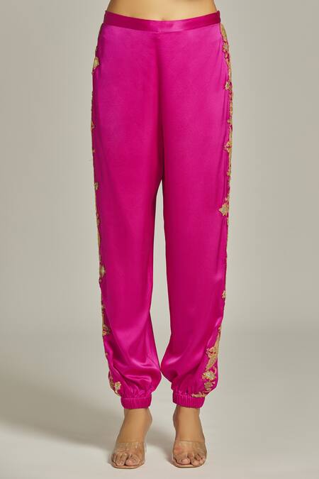 Anamika Khanna_Pink Silk Sequins, Beads, Zari Round Neck Floral Embroidered Cape Pant Set_Online_at_Aza_Fashions