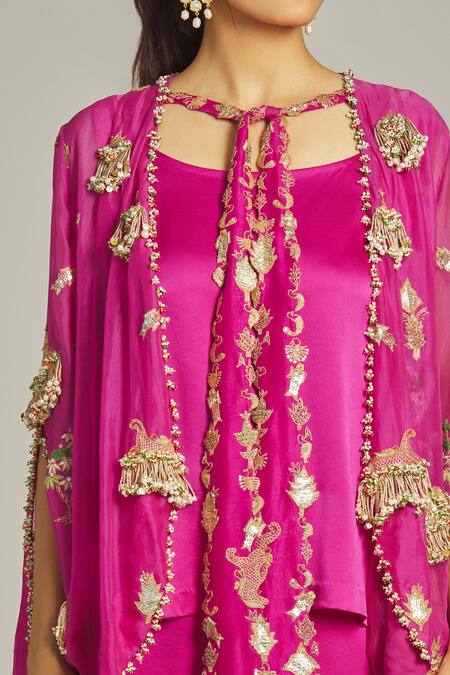 Shop_Anamika Khanna_Pink Silk Sequins, Beads, Zari Round Neck Floral Embroidered Cape Pant Set_Online_at_Aza_Fashions