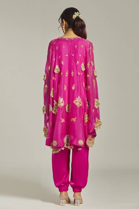 Shop_Anamika Khanna_Pink Silk Sequins, Beads, Zari Round Neck Floral Embroidered Cape Pant Set_at_Aza_Fashions