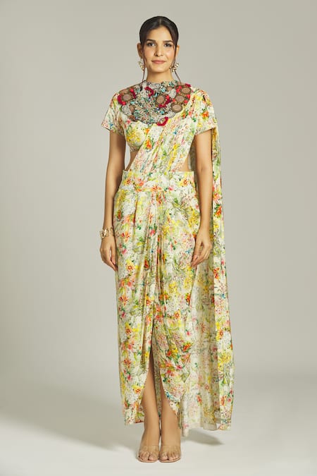 Buy_Anamika Khanna_Yellow Silk Embroidery Round Neck Blossom Print Pre Draped Saree Blouse Set_Online_at_Aza_Fashions