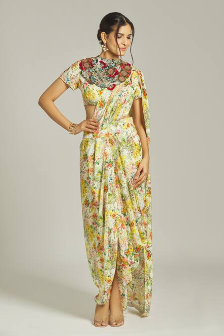 Shop_Anamika Khanna_Yellow Silk Embroidery Round Neck Blossom Print Pre Draped Saree Blouse Set_Online_at_Aza_Fashions