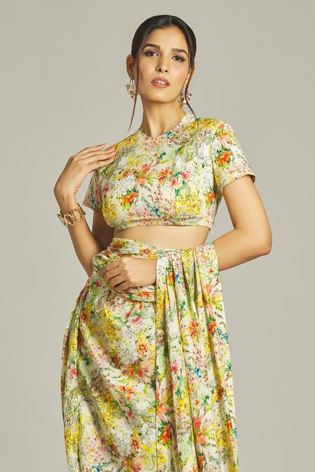 Anamika Khanna_Yellow Silk Embroidery Round Neck Blossom Print Pre Draped Saree Blouse Set_at_Aza_Fashions