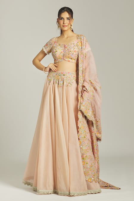 Anamika Khanna Silk Floral Embroidered Bridal Lehenga Set 