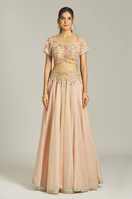 Anamika Khanna_Pink Silk Sequins, Beads, Zari, Embroidery Round Neck Floral Bridal Lehenga Set_Online_at_Aza_Fashions