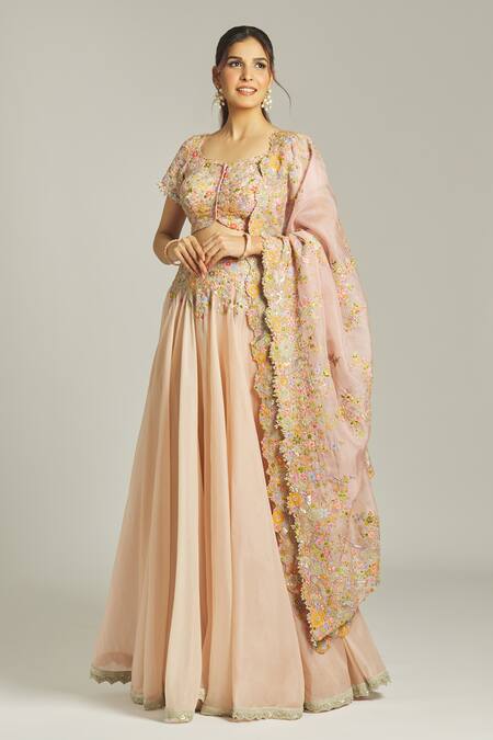 Buy_Anamika Khanna_Pink Silk Sequins, Beads, Zari, Embroidery Round Neck Floral Bridal Lehenga Set_Online_at_Aza_Fashions