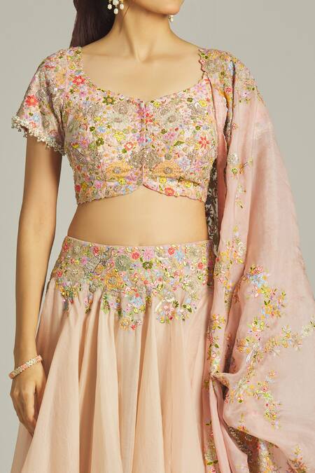 Shop_Anamika Khanna_Pink Silk Sequins, Beads, Zari, Embroidery Round Neck Floral Bridal Lehenga Set_Online_at_Aza_Fashions