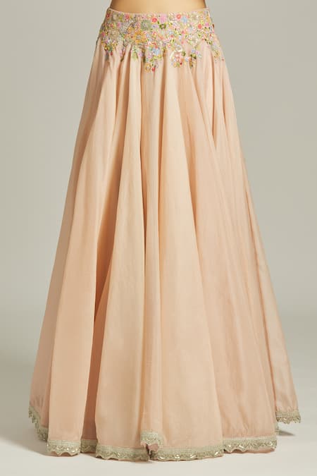 Anamika Khanna_Pink Silk Sequins, Beads, Zari, Embroidery Round Neck Floral Bridal Lehenga Set_at_Aza_Fashions