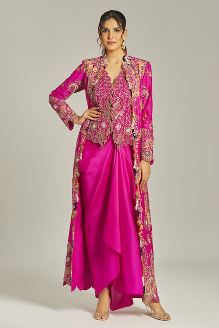 Anamika Khanna Fuchsia Silk Printed Collarge Coat Mandarin Paisley Embroidered Long Skirt Set 