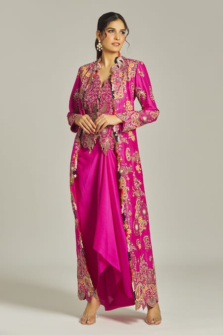 Buy Anamika Khanna Fuchsia Silk Sequins Mandarin Collar, Paisley Embroidered Long Coat Skirt Set Online at Aza Fashions Buy_Anamika Khanna_Fuchsia Silk Sequins Mandarin Collar, Paisley Embroidered Long Coat Skirt Set_Online_at_Aza_Fashions