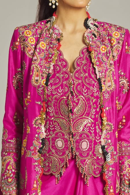 Shop Anamika Khanna Fuchsia Silk Sequins Mandarin Collar, Paisley Embroidered Long Coat Skirt Set Online at Aza Fashions Shop_Anamika Khanna_Fuchsia Silk Sequins Mandarin Collar, Paisley Embroidered Long Coat Skirt Set_Online_at_Aza_Fashions