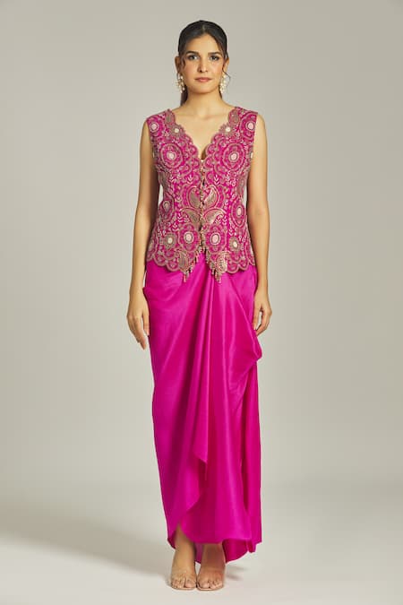 Anamika Khanna Fuchsia Silk Sequins Mandarin Collar, Paisley Embroidered Long Coat Skirt Set at Aza Fashions Anamika Khanna_Fuchsia Silk Sequins Mandarin Collar, Paisley Embroidered Long Coat Skirt Set_at_Aza_Fashions