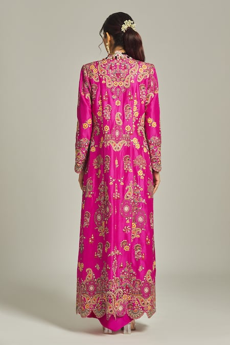 Shop Anamika Khanna Fuchsia Silk Sequins Mandarin Collar, Paisley Embroidered Long Coat Skirt Set at Aza Fashions Shop_Anamika Khanna_Fuchsia Silk Sequins Mandarin Collar, Paisley Embroidered Long Coat Skirt Set_at_Aza_Fashions