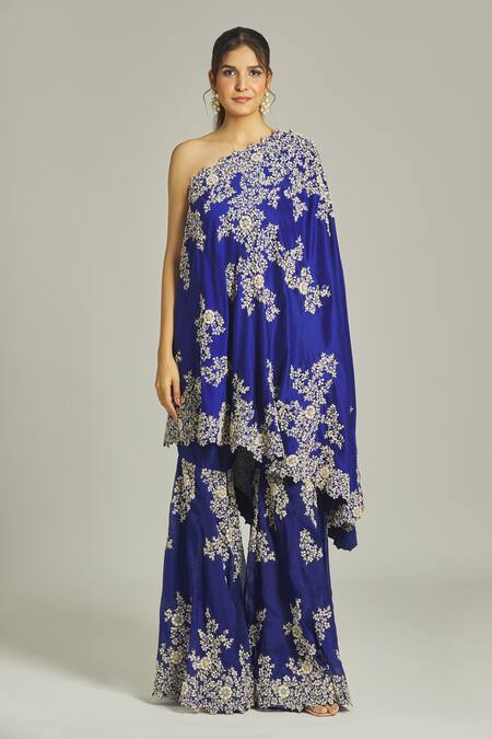 Anamika Khanna Blue Silk Embroidery, Sequins, Beads One Shoulder Thread Kurta With Sharara Online at Aza Fashions Anamika Khanna_Blue Silk Embroidery, Sequins, Beads One Shoulder Thread Kurta With Sharara_Online_at_Aza_Fashions