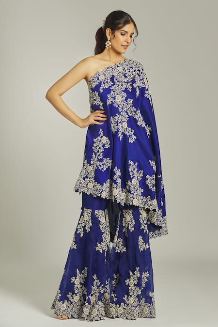 Buy Anamika Khanna Blue Silk Embroidery, Sequins, Beads One Shoulder Thread Kurta With Sharara Online at Aza Fashions Buy_Anamika Khanna_Blue Silk Embroidery, Sequins, Beads One Shoulder Thread Kurta With Sharara_Online_at_Aza_Fashions
