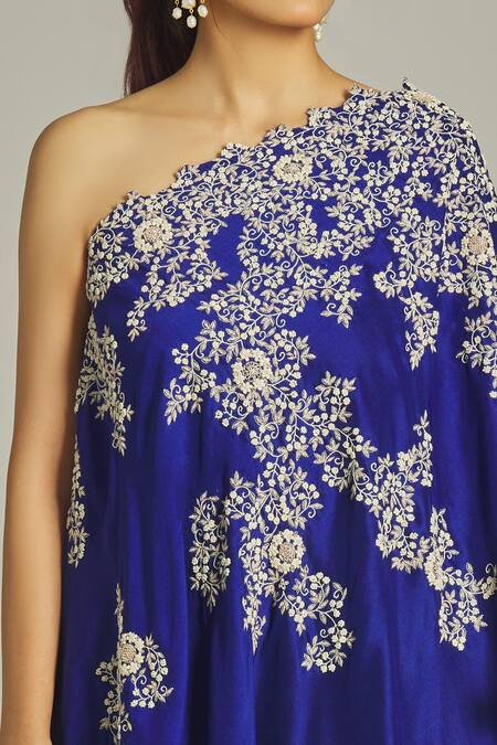 Shop Anamika Khanna Blue Silk Embroidery, Sequins, Beads One Shoulder Thread Kurta With Sharara Online at Aza Fashions Shop_Anamika Khanna_Blue Silk Embroidery, Sequins, Beads One Shoulder Thread Kurta With Sharara_Online_at_Aza_Fashions