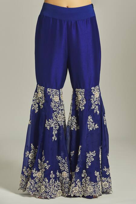 Anamika Khanna Blue Silk Embroidery, Sequins, Beads One Shoulder Thread Kurta With Sharara at Aza Fashions Anamika Khanna_Blue Silk Embroidery, Sequins, Beads One Shoulder Thread Kurta With Sharara_at_Aza_Fashions