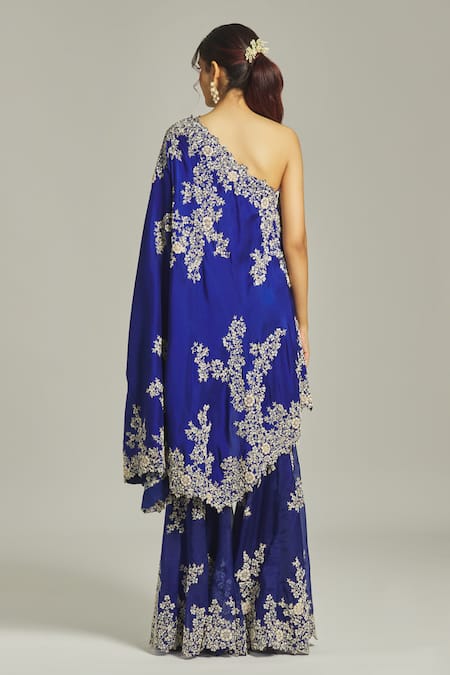 Shop Anamika Khanna Blue Silk Embroidery, Sequins, Beads One Shoulder Thread Kurta With Sharara at Aza Fashions Shop_Anamika Khanna_Blue Silk Embroidery, Sequins, Beads One Shoulder Thread Kurta With Sharara_at_Aza_Fashions