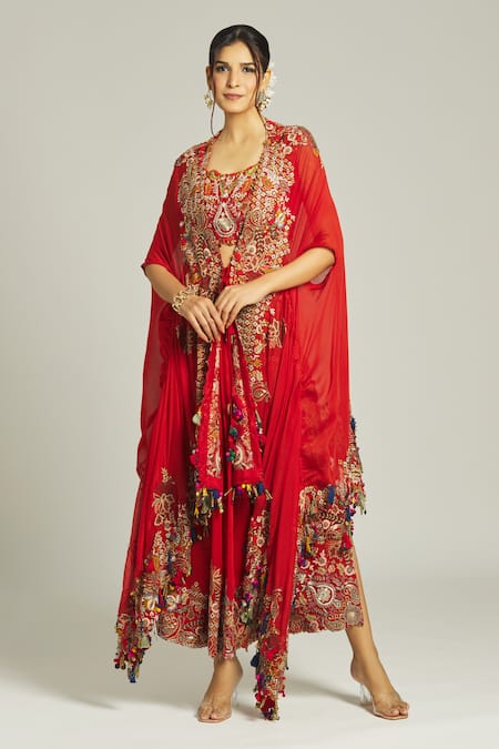 Anamika Khanna Red Silk Embroidered Thread Cape Open Draped Skirt Set 
