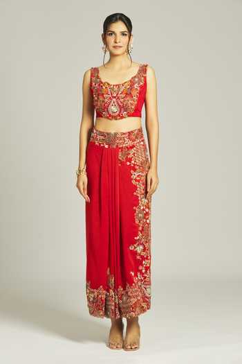 Anamika Khanna_Red Silk Sequins, Beads Round Neck Thread Embroidered Draped Cape Skirt Set _Online_at_Aza_Fashions