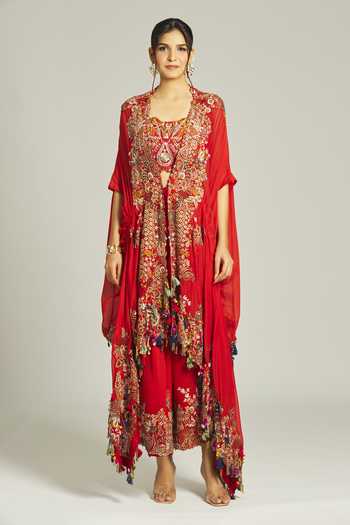 Buy_Anamika Khanna_Red Silk Sequins, Beads Round Neck Thread Embroidered Draped Cape Skirt Set _Online_at_Aza_Fashions