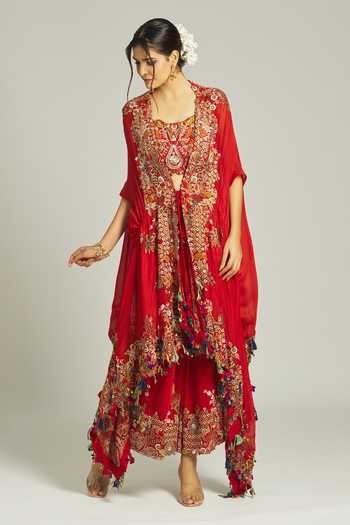 Shop_Anamika Khanna_Red Silk Sequins, Beads Round Neck Thread Embroidered Draped Cape Skirt Set _Online_at_Aza_Fashions