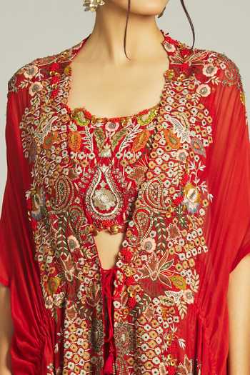 Anamika Khanna_Red Silk Sequins, Beads Round Neck Thread Embroidered Draped Cape Skirt Set _at_Aza_Fashions