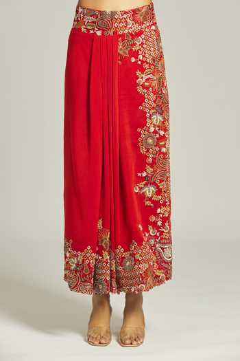 Buy_Anamika Khanna_Red Silk Sequins, Beads Round Neck Thread Embroidered Draped Cape Skirt Set 