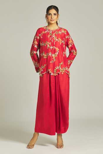 Anamika Khanna Floral Embroidered Kurta & Draped Skirt Set 