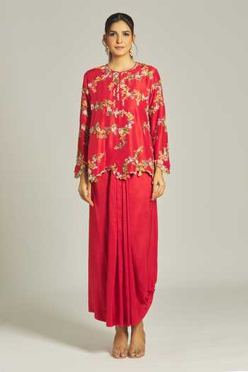 Anamika Khanna_Red Silk Zari, Embroidery, Pearls Round Neck Floral Kurta And Draped Skirt Set _Online_at_Aza_Fashions