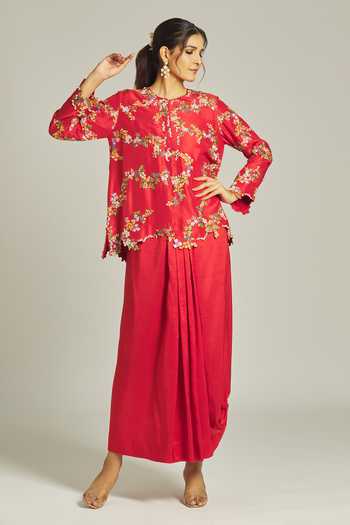 Buy_Anamika Khanna_Red Silk Zari, Embroidery, Pearls Round Neck Floral Kurta And Draped Skirt Set _Online_at_Aza_Fashions