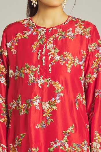 Shop_Anamika Khanna_Red Silk Zari, Embroidery, Pearls Round Neck Floral Kurta And Draped Skirt Set _Online_at_Aza_Fashions