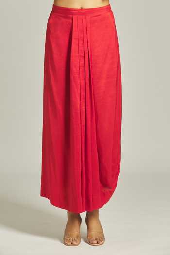 Anamika Khanna_Red Silk Zari, Embroidery, Pearls Round Neck Floral Kurta And Draped Skirt Set _at_Aza_Fashions