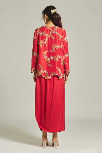 Anamika Khanna Floral Embroidered Kurta & Draped Skirt Set 