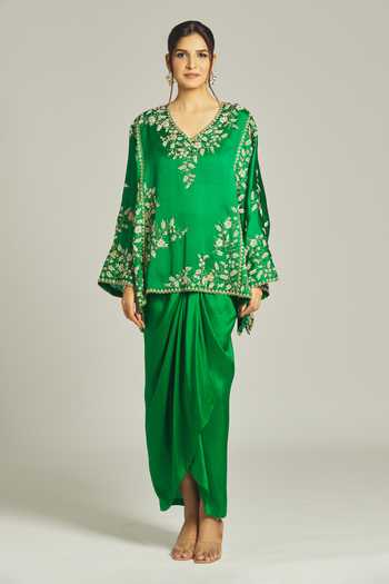 Anamika Khanna_Emerald Green Silk Pearls, Zari Floral Embroidered Kurta Draped Skirt Set _Online_at_Aza_Fashions