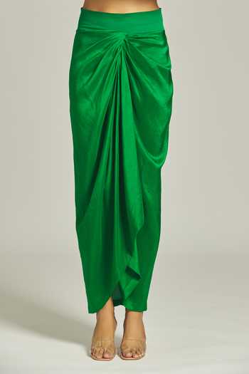 Anamika Khanna_Emerald Green Silk Pearls, Zari Floral Embroidered Kurta Draped Skirt Set _at_Aza_Fashions