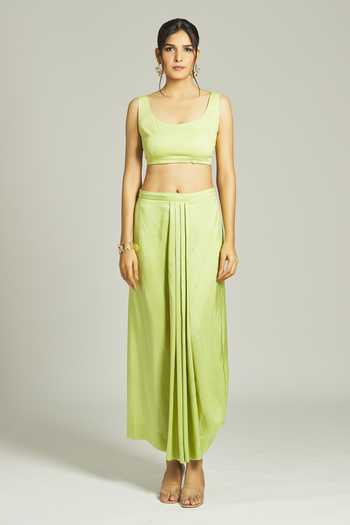 Anamika Khanna_Green Silk, Organza Sequins, Zari, Beads Embroidered Yoke Kurta Draped Skirt Set _Online_at_Aza_Fashions