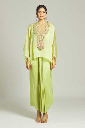 Buy_Anamika Khanna_Green Silk, Organza Sequins, Zari, Beads Embroidered Yoke Kurta Draped Skirt Set _Online_at_Aza_Fashions