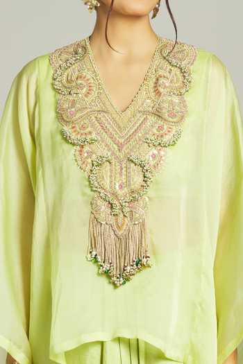 Shop_Anamika Khanna_Green Silk, Organza Sequins, Zari, Beads Embroidered Yoke Kurta Draped Skirt Set _Online_at_Aza_Fashions